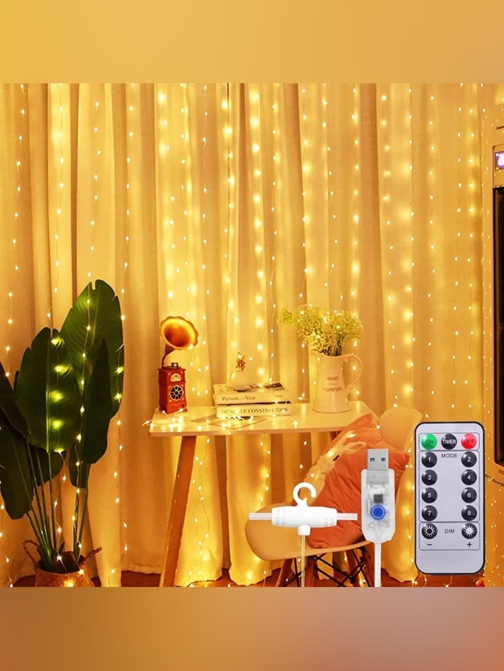 300 LED Warm White Curtain String Lights - w/Remote. Home Holiday